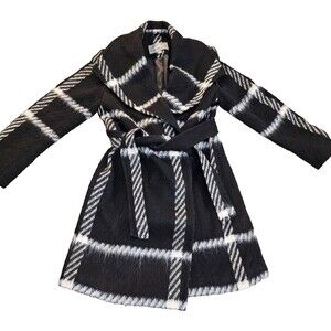 Johnston & Murphy Plaid Wool Blend Belted Wrap Coat Black White XS Old Money